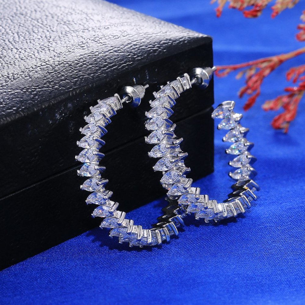 NEW Silver Marquis Diamond Inside Out Hoops - Picture 5 of 6